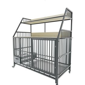 Large pet cage with storage rack, drawers with stainless steel food and water basins, double-layer storage rack made of iron frame and MDF materi